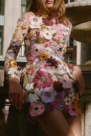 Floral Applique Backless Mini Dress with Long Sleeves