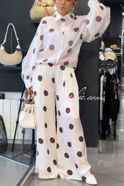 Polka Dot Sheer Balloon Sleeve Shirt & Wide Leg Pants Set