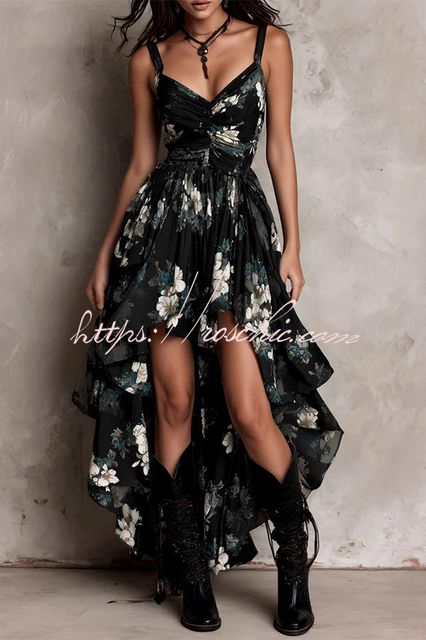 Floral High-Low Ruffle Dress – Sleeveless Loose Fit