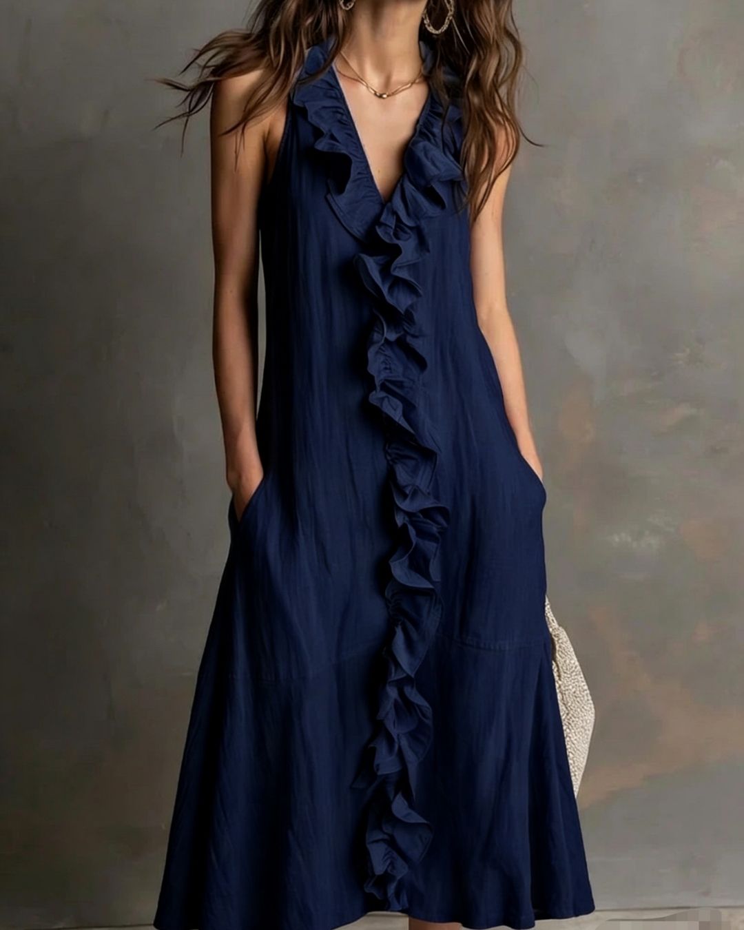 Ruffle-Front V-Neck Maxi Dress