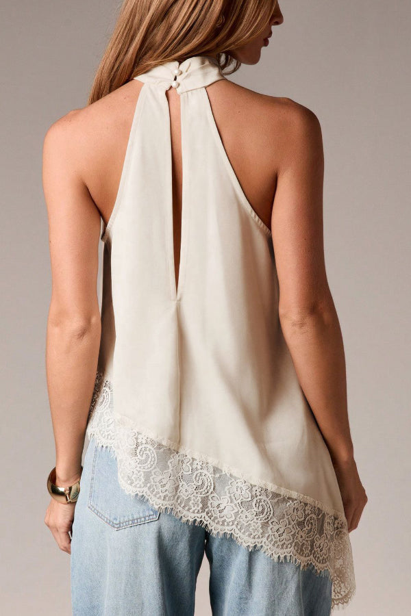 Satin Sleeveless Halter Top – Loose Fit Lace Hem
