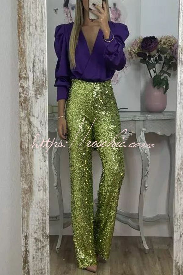 Sequin Wide Leg Pants High Rise Elastic Waist Party