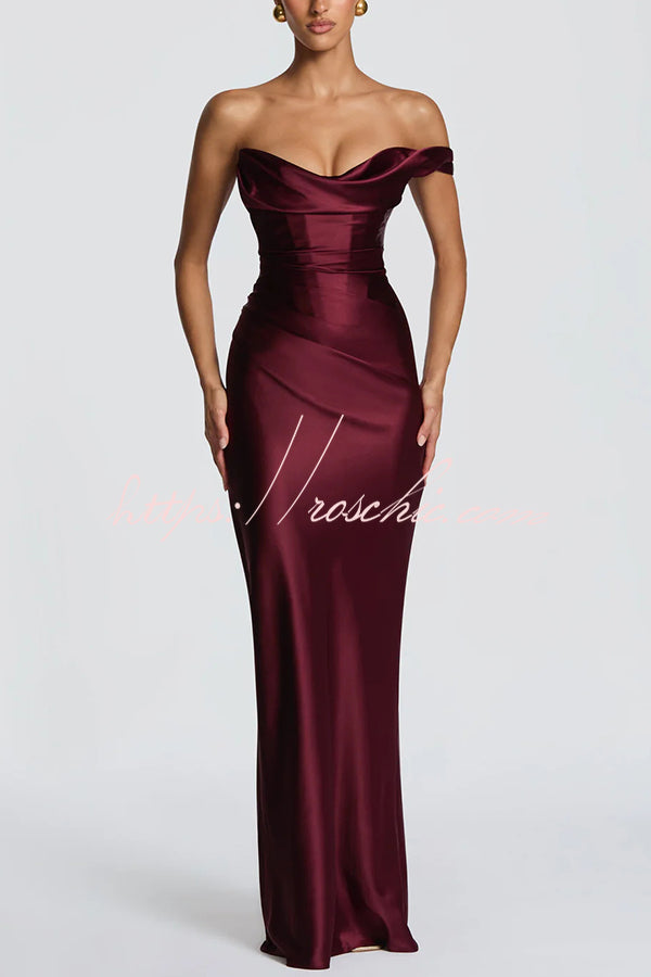Robe longue plissée en satin à une épaule pour tenue de soirée