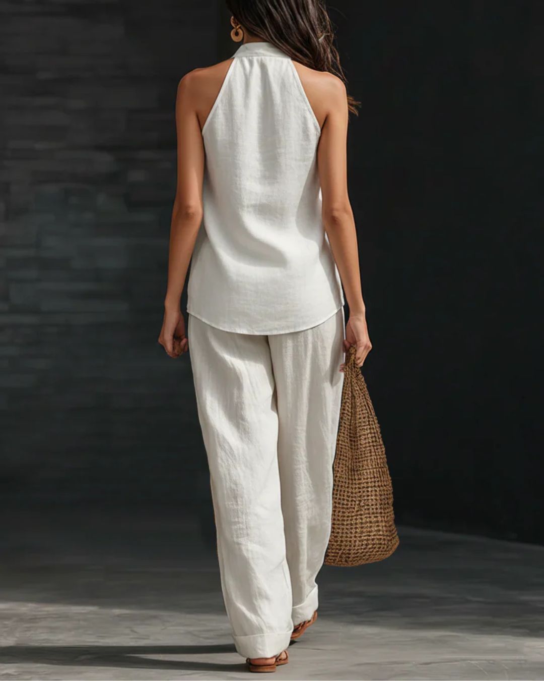 Linen-Blend Halter V-Neck Top & Wide-Leg Trousers Set