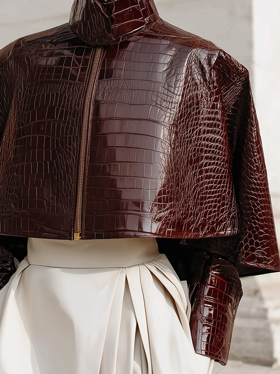 Cape Collar Crocodile Eco-Leather Jacket | Glossy Finish
