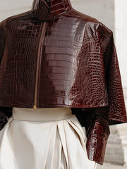 Cape Collar Crocodile Eco-Leather Jacket | Glossy Finish