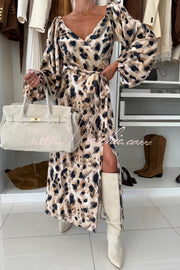 Printed V-Neck Maxi Dress with Waist Tie and Side Slit