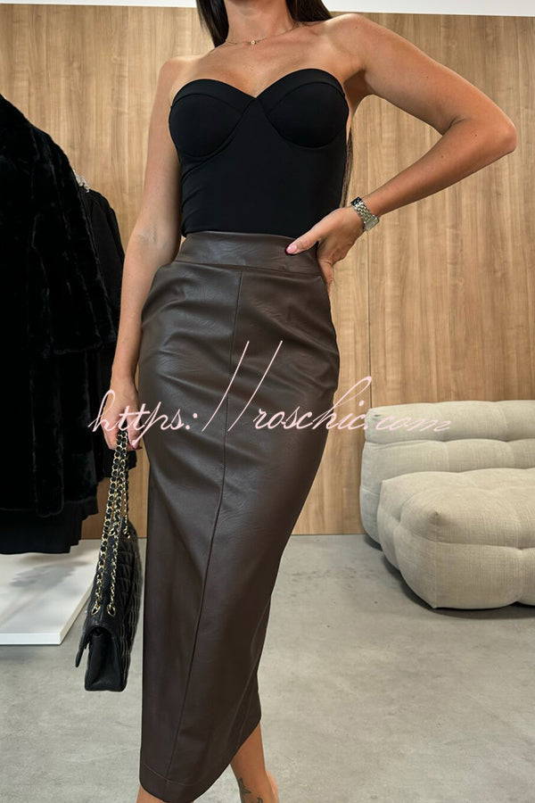 Faux Leather High-Rise Midi Skirt with Pockets and Slit