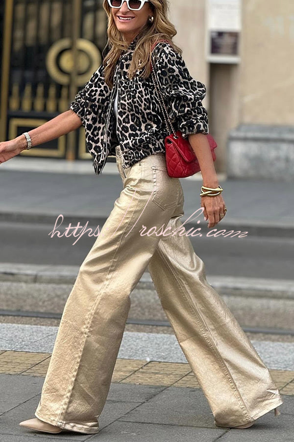 Metallic Wide Leg Pants High Waist with Pockets