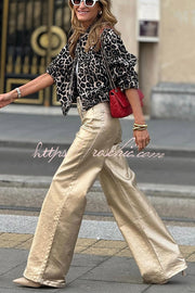 Metallic Wide Leg Pants High Waist with Pockets