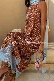 Fawn Print Satin Maxi Skirt with Lace Trim, Mid Rise