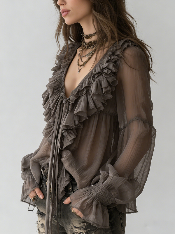Grey Bohemian Ruffled Long Sleeve Blouse with Layered Detail
