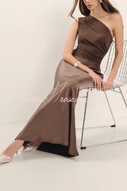 Satin One Shoulder Ruched Maxi Dress for Party