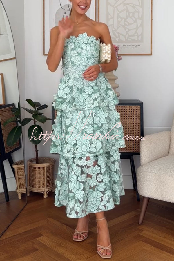 3D Floral Embroidery Off Shoulder Tiered Maxi Dress