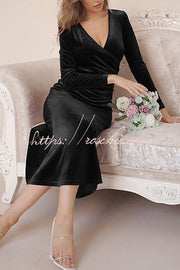 Velvet Long Sleeve V-Neck Fishtail Maxi Dress – Slim Fit