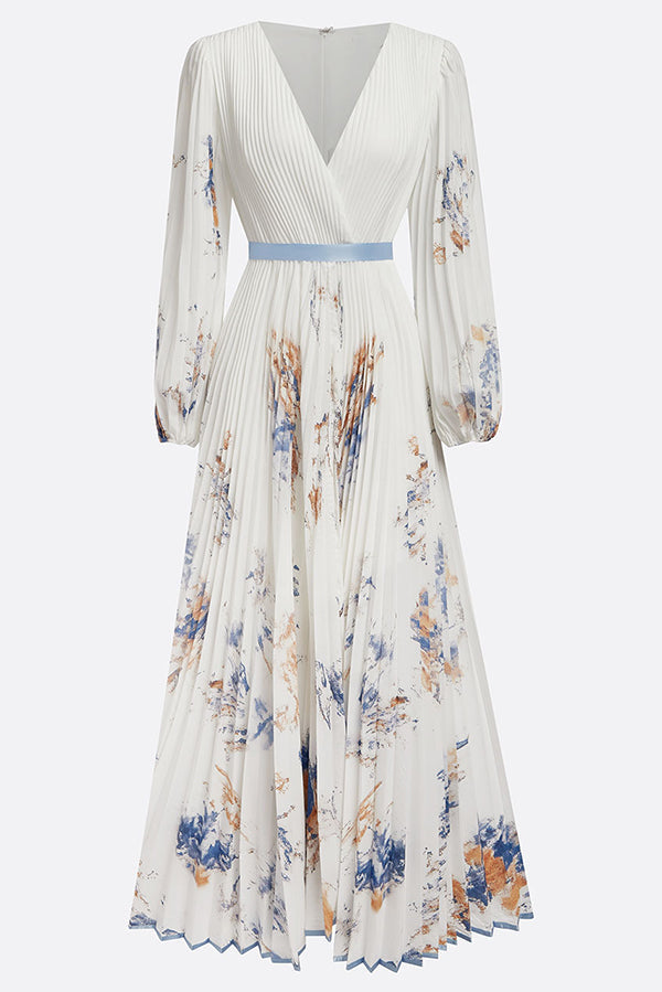 Robe longue imprimée à col en V et taille avec nœud papillon – Manches longues