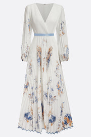 Robe longue imprimée à col en V et taille avec nœud papillon – Manches longues