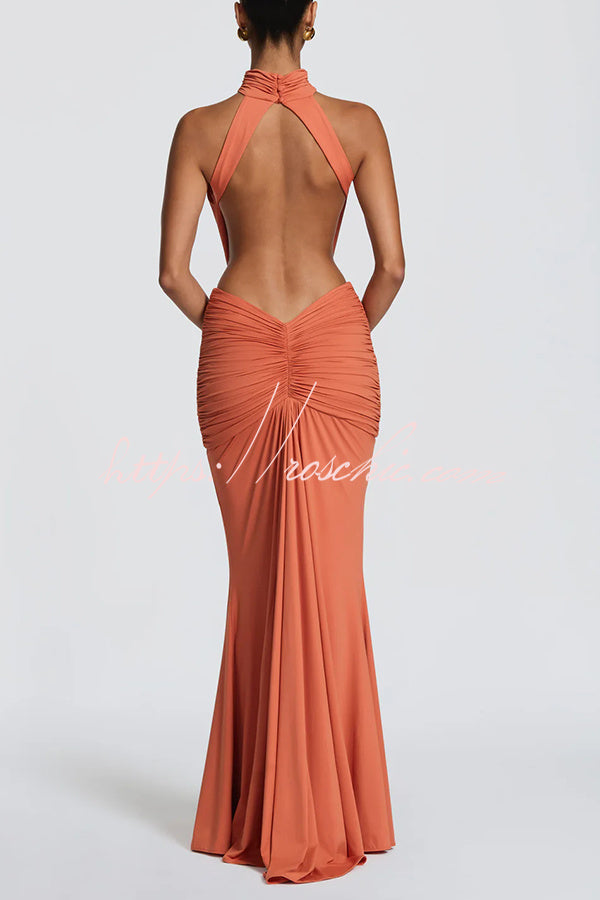 Stretch Slinky Jersey High Neck Ruched Backless Maxi Dress