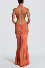 Stretch Slinky Jersey High Neck Ruched Backless Maxi Dress