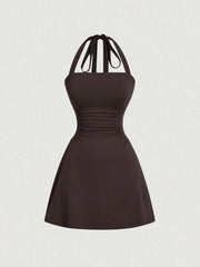 Women's Plain Ruched Tie Back Halter Dress, Casual Chic Sleeveless A Line Short Dress for Summer, Ladies Clothes for Daily Wear