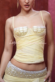 Pleated Chiffon Crystal Beaded Lace-Up Tank Top