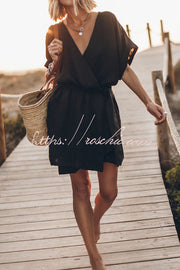 Cotton Linen Blend Kimono Mini Dress with Belt & Pockets