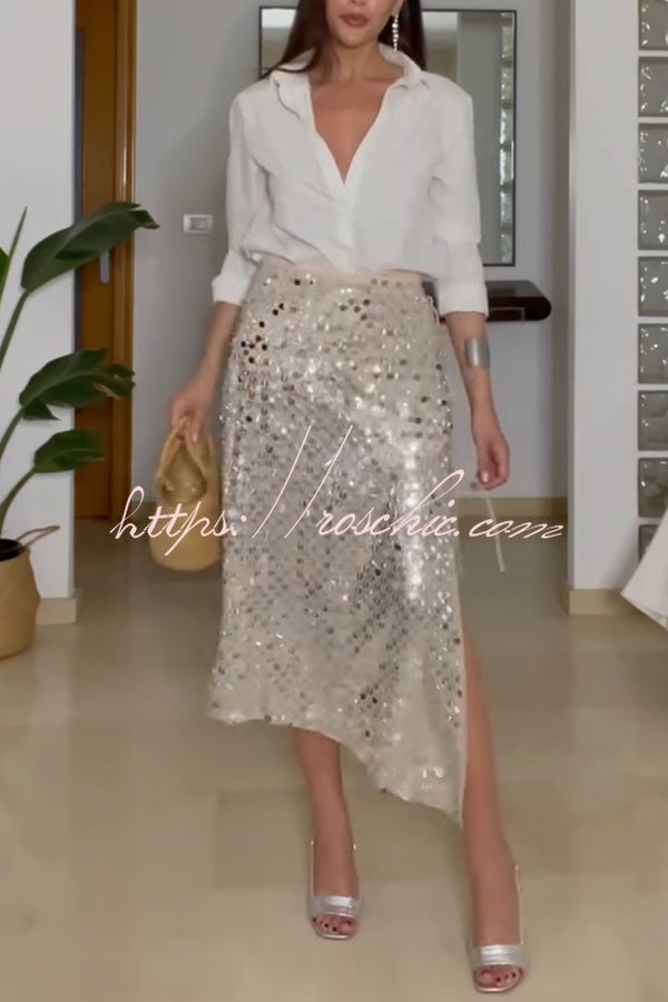 Sequin Midi Skirt with Side Slit, Lace-Up & Irregular Hem