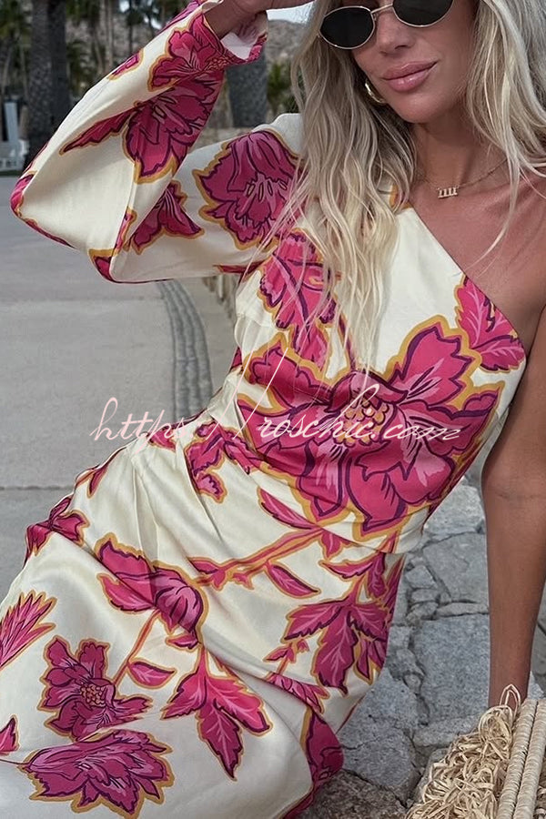 Satin Floral One Shoulder Flared Maxi Dress