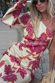 Satin Floral One Shoulder Flared Maxi Dress