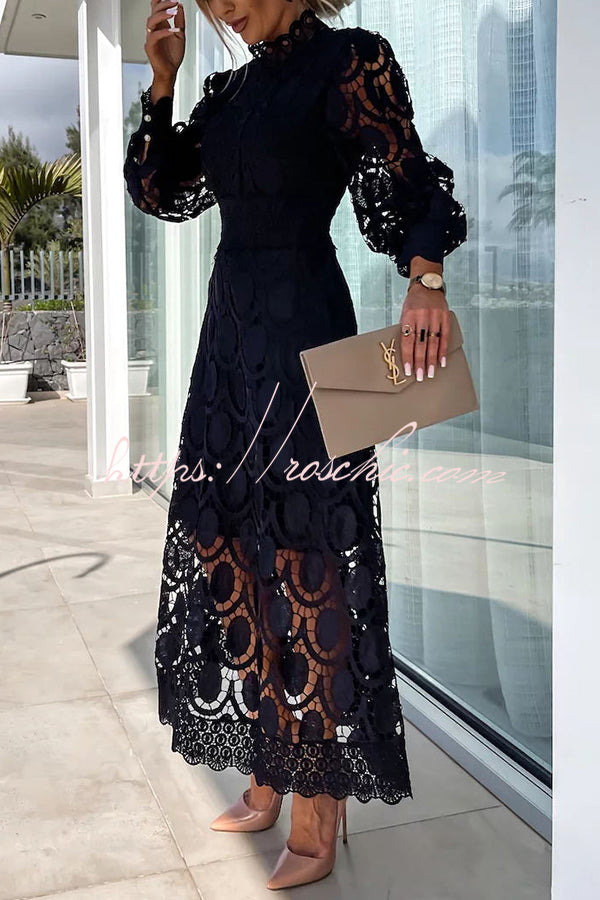 Crochet Lace Lantern Sleeve Midi Dress for Parties