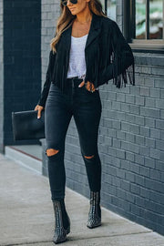 Cropped Faux Suede Jacket with Fringe Detail