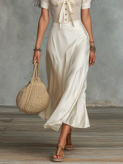 Satin Tie-Front Cream Midi Dress | Short Sleeve