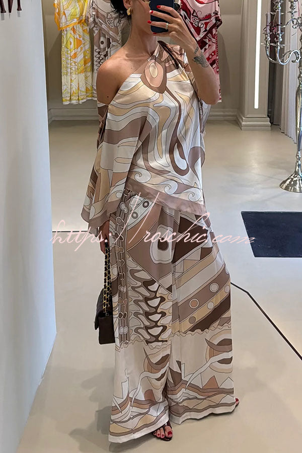 Satin Cape-Sleeve Top & Wide-Leg Pants Set | Vacation