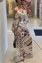 Satin Cape-Sleeve Top & Wide-Leg Pants Set | Vacation