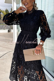 Crochet Lace Lantern Sleeve Midi Dress for Parties