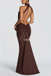 Stretch Slinky Jersey High Neck Ruched Backless Maxi Dress