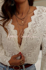 Lace Long Sleeve V-Neck Shirt – Loose Fit Vacation Top