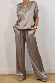 Satin Wide-Leg Pants Set with Short-Sleeve Top