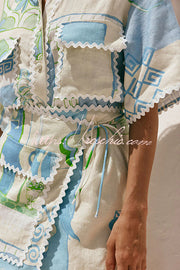 Linen Blend Ric Rac Trim Printed Shirt & Wrap Mini Skirt Set