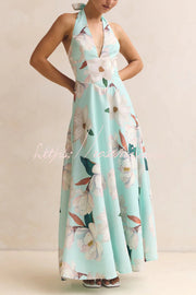 Floral Print Halter Neck Backless Maxi Dress