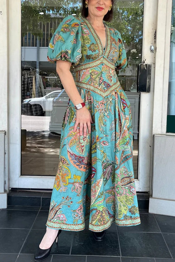 Robe longue en lin mélangé à manches bouffantes avec poches