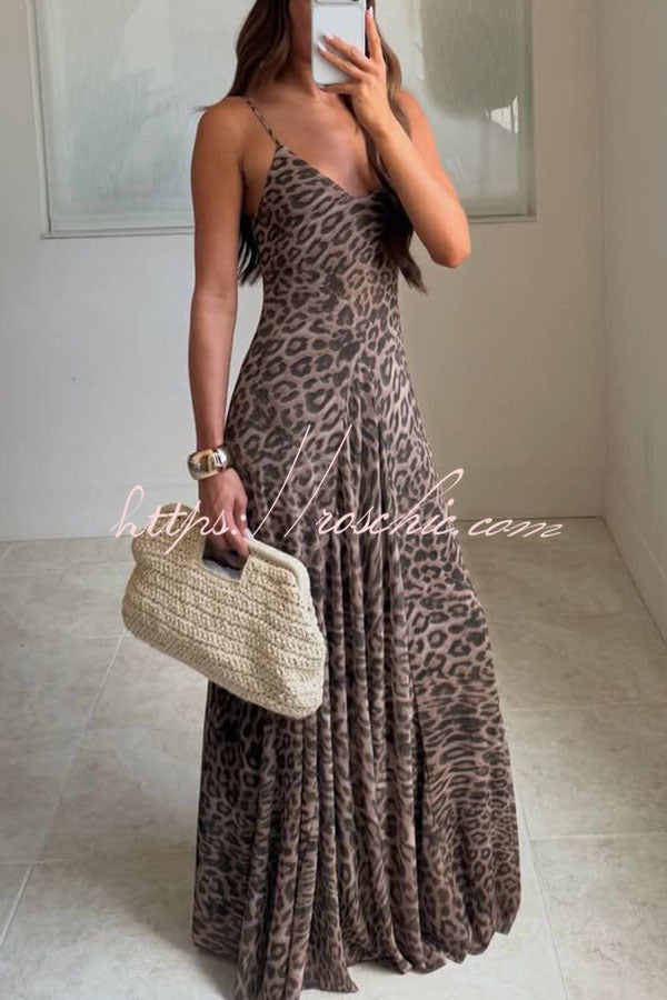 Tulle Leopard Print V-Neck Pleated Maxi Dress