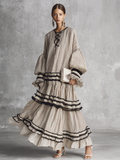 Women's Boho Striped Ruffle Tiered Cotton Blend Long Sleeve Maxi Dress MDZ1426B2BA