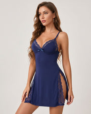 Lace Trim Slit Bowknot Sleep Dress