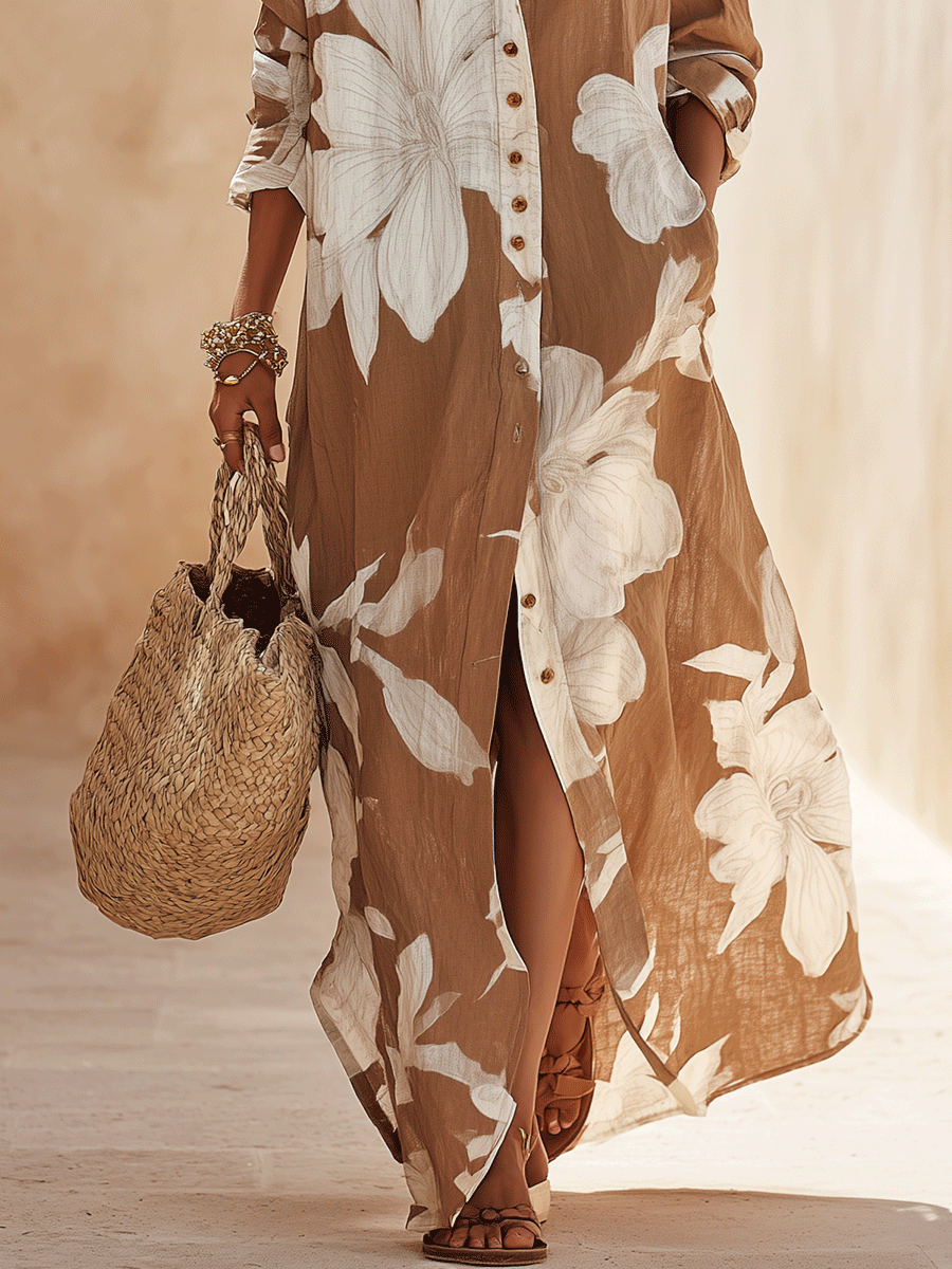 Bohemian Floral Maxi Shirt Dress in Cocoa Brown