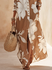 Bohemian Floral Maxi Shirt Dress in Cocoa Brown