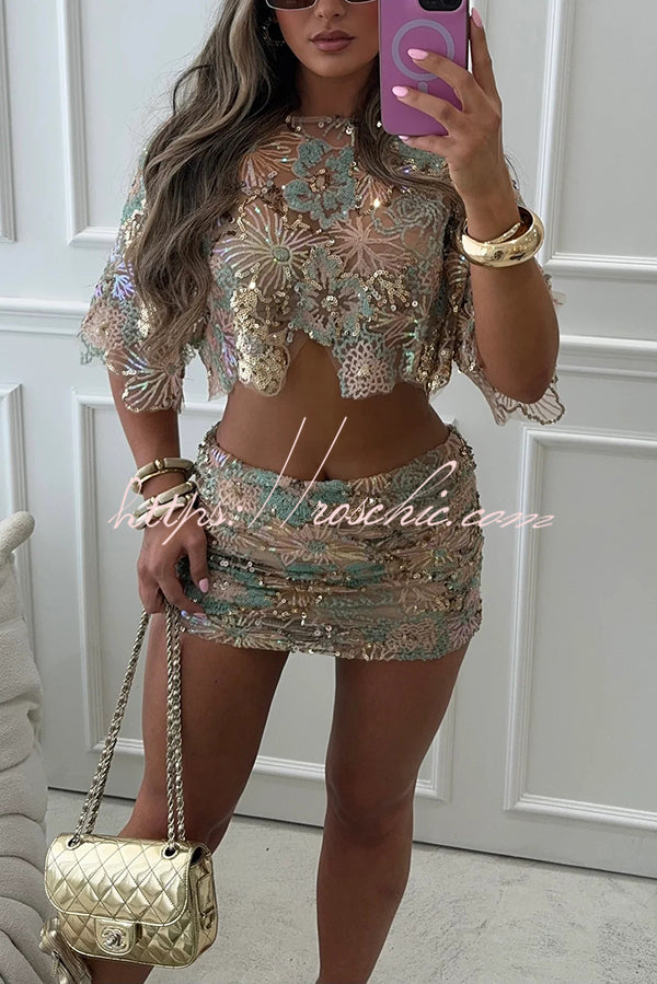 Embroidered Flower Sequin Crop Top & Mini Skirt Set