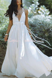 Linen Blend Halter Maxi Dress – Deep V Backless Cover Up