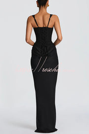Square Neck Satin Drape Maxi Dress with Lace-Up Back