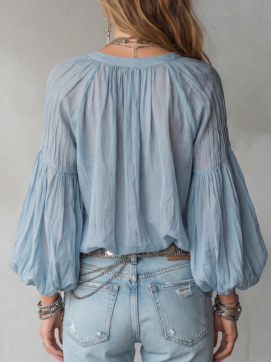 Mist Blue Long Sleeve Bohemian Blouse with Embroidery